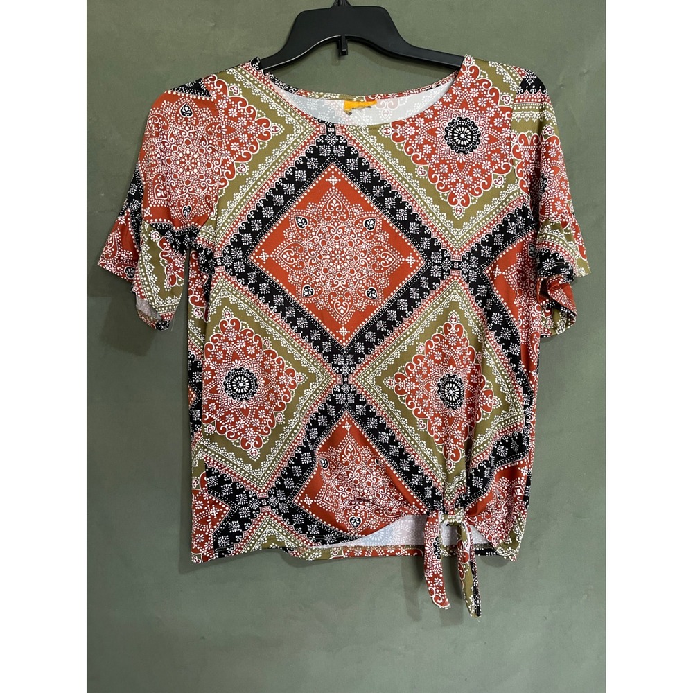 Ruby Rd Petite Medium Short Sleeve Tie Front Bandana Print Top Rust Olive Black